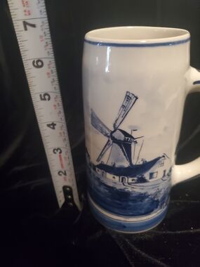 Blue and White Delft-Style Windmill Ceramic Beer Stein